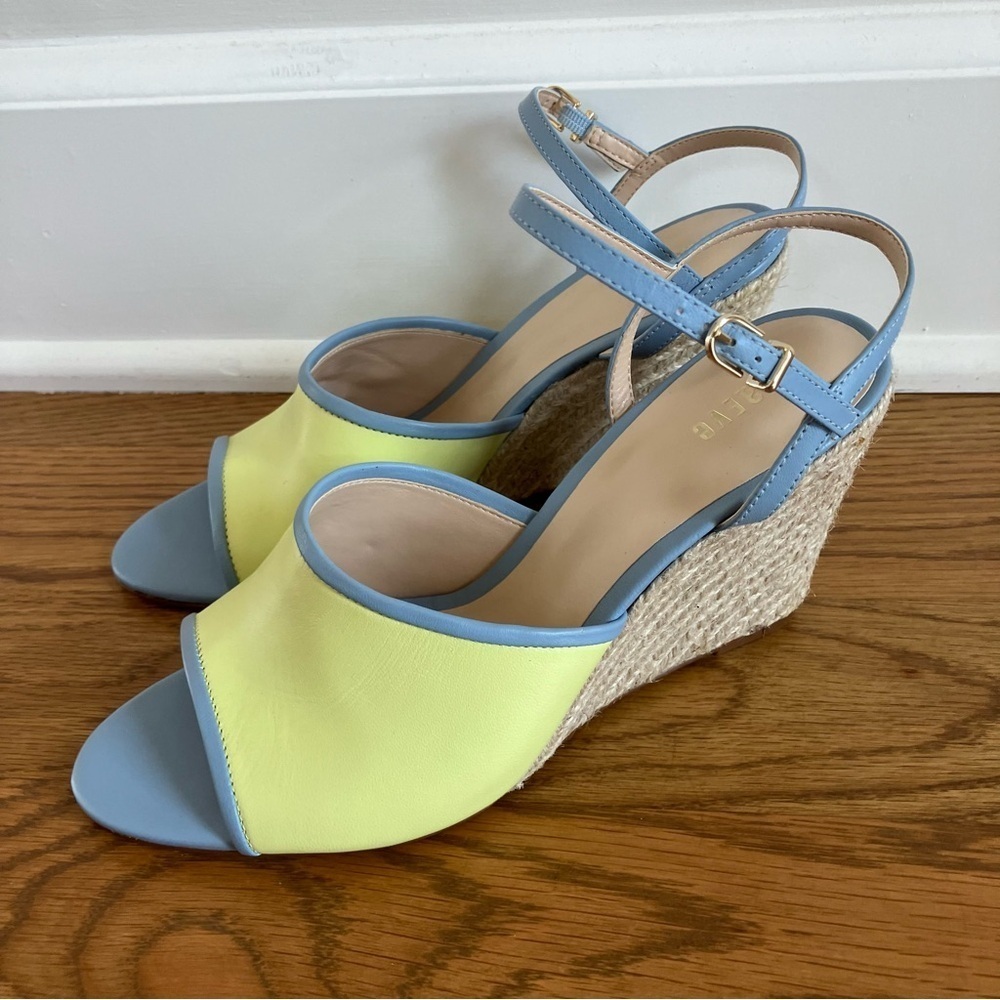 NWOB Anthropology Maeve Yellow & Blue Leather & Raffia Wedge Heel (8) - Picture 2 of 9